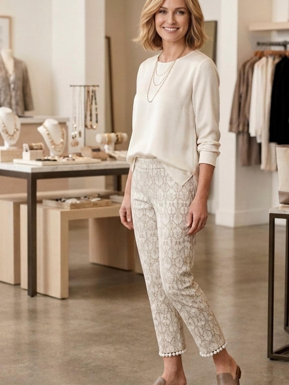 Chico's Cream Patterned Cropped Capris with Pom-Hem
